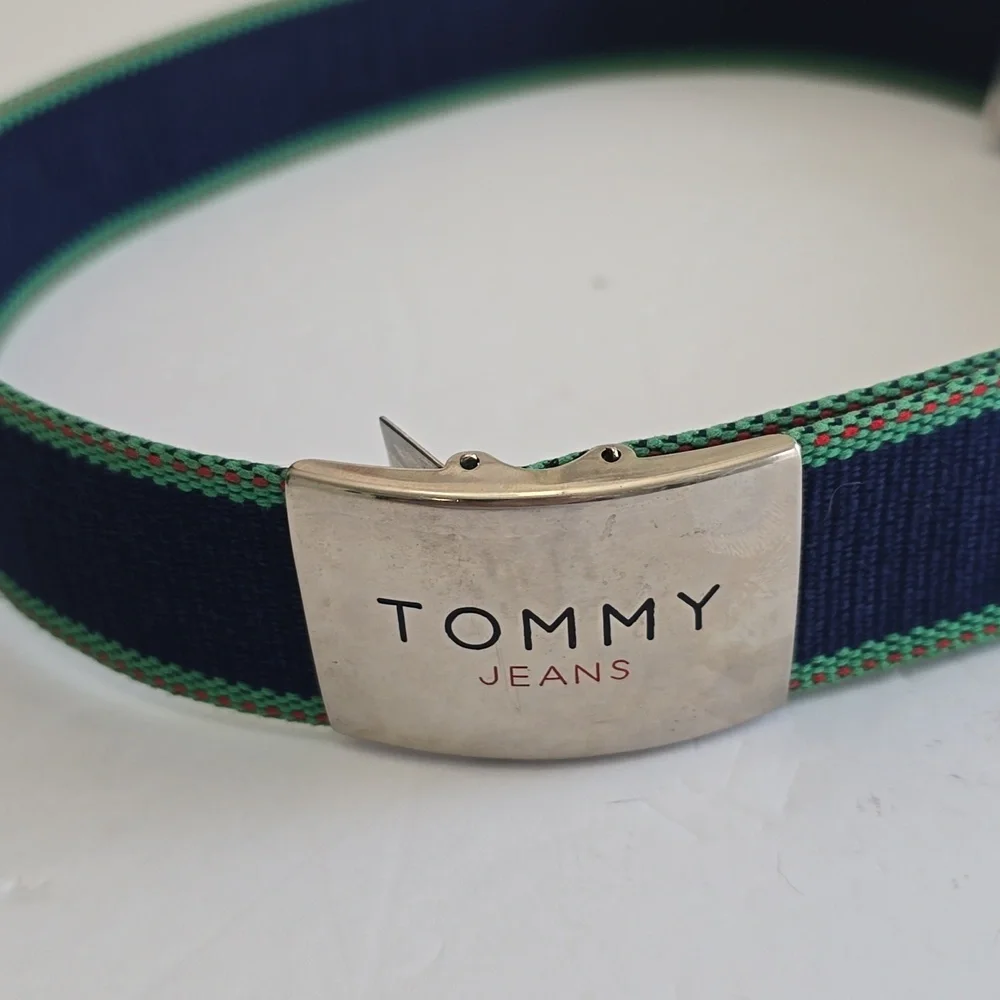 Tommy Hilfiger Tommy Jeans Woven Fabric Belt Silver Logo Buckle Adjustable Blue